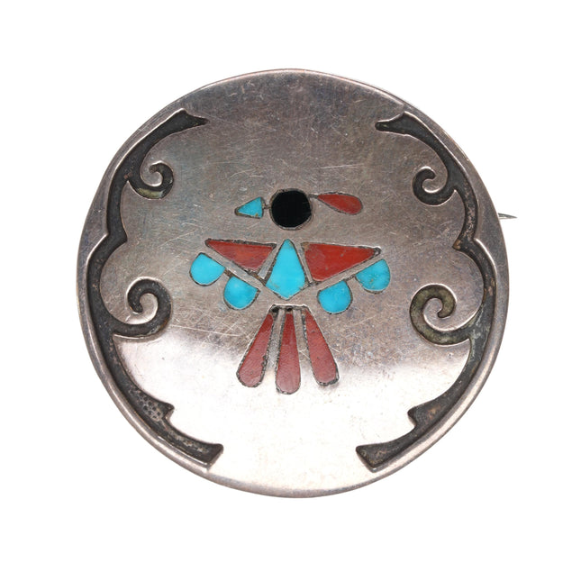 Vintage Zuni sterling flush inlay thunderbird pendant/pin