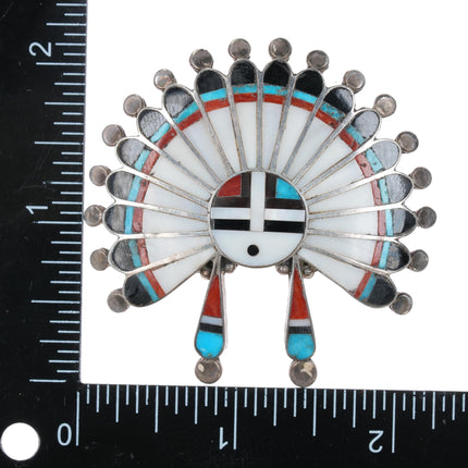 Large 50's-60's Zuni Sunface Indian Chief sterling channel inlay pin