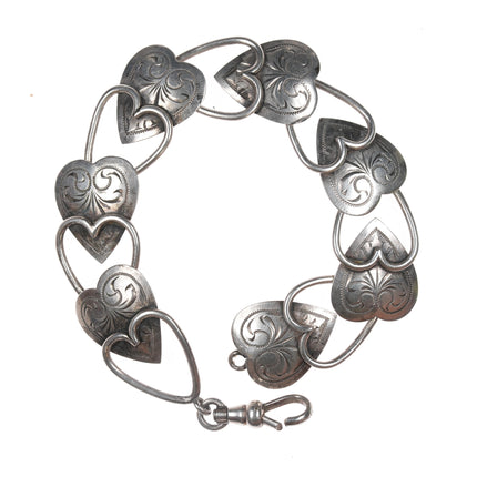 7" Vintage German 835 silver hand engraved hearts bracelet