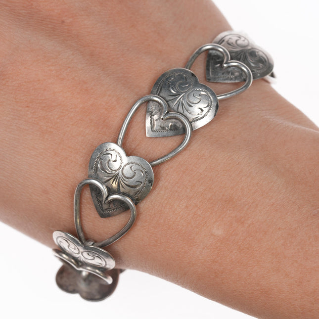 7" Vintage German 835 silver hand engraved hearts bracelet