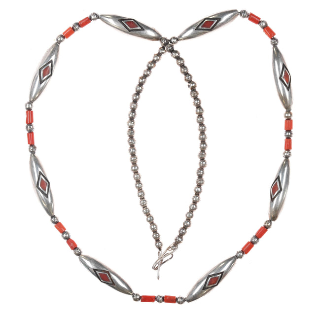 28" Amazing Native American flush inlay coral sterling beaded necklace