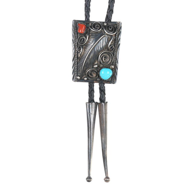 70's-80's Navajo sterling turquoise and coral bolo tie