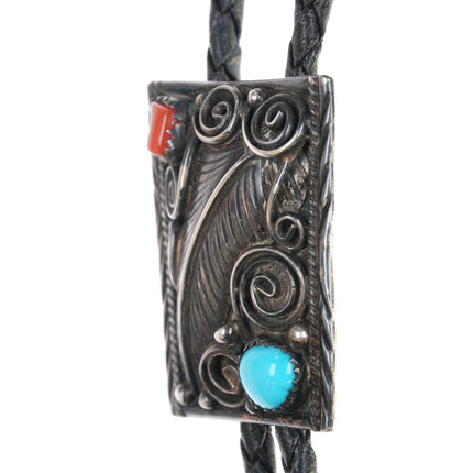 70's-80's Navajo sterling turquoise and coral bolo tie