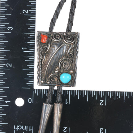 70's-80's Navajo sterling turquoise and coral bolo tie