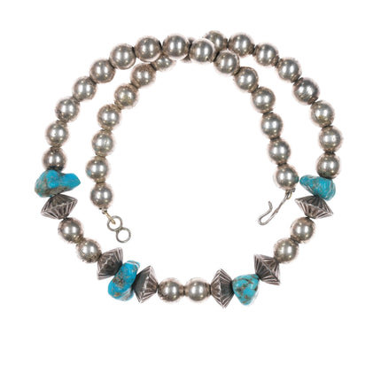 14.5" 1970's Navajo sterling and turquoise beaded choker necklace