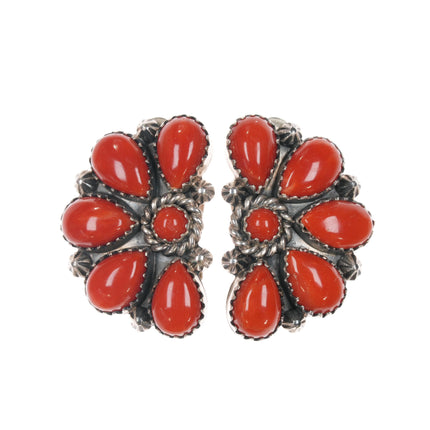 Mary Marie Yazzie Lincoln sterling high grade coral cluster clip-on earrings