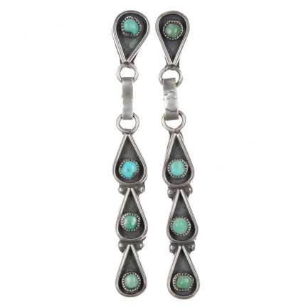 Vintage Zuni long dangle snake eye turquoise sterling shadowbox earrings