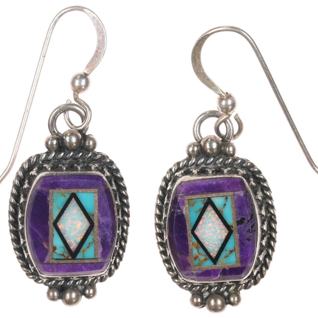 Vintage Bisbee turquoise, Sugilite, Opal channel inlay sterling earrings