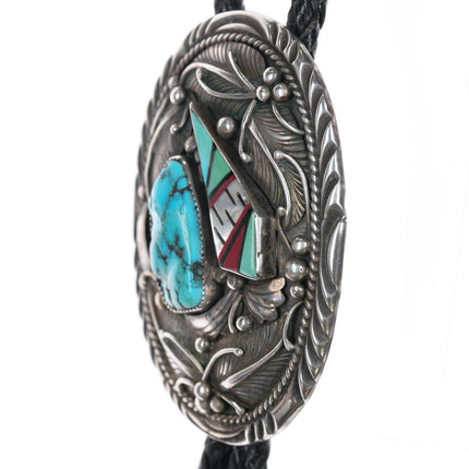 39" L Hale Navajo sterling bolo tie with turquoise/intarsia inlay