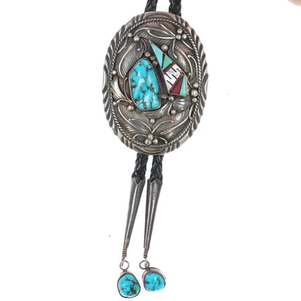 39" L Hale Navajo sterling bolo tie with turquoise/intarsia inlay