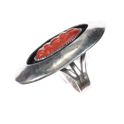 Sz6.5 Jo Tenorio Kewa carved coral sterling shadowbox ring