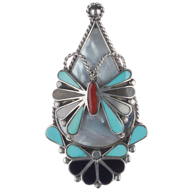 Large Tony Ohmsatte Zuni Sterling multi-stone/shell channel inlay butterfly pendant