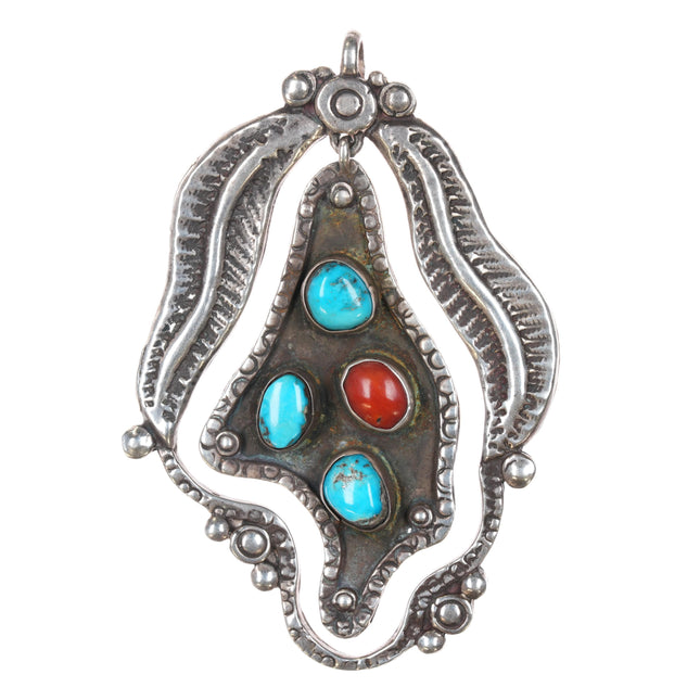 60's-70's Vintage Native American sterling - turquoise and coral pendant