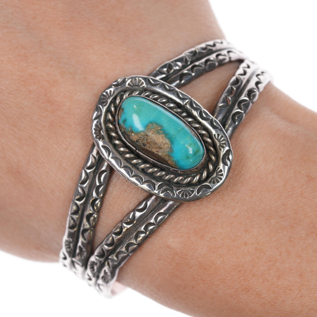 6.25" 40's-50's heavily stamped Native American silver cuff bracelet with nice turquoise