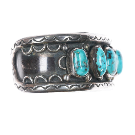 6" Vintage Native American wide silver Morenci turquoise row cuff bracelet