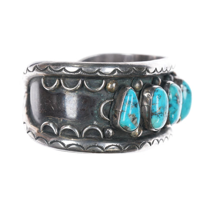 6" Vintage Native American wide silver Morenci turquoise row cuff bracelet