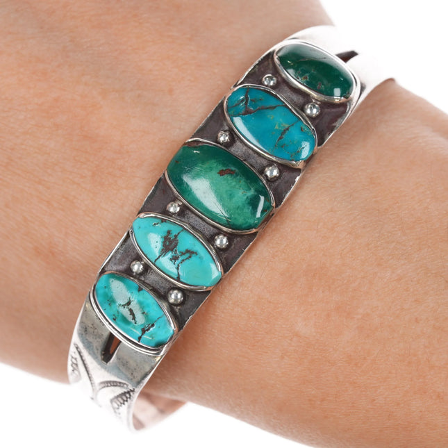 6.75" c1920's Navajo ingot silver turquoise row cuff bracelet - Estate Fresh Austin