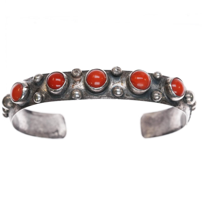 6.625" Vintage Native American sterling and coral row cuff bracelet - Estate Fresh Austin