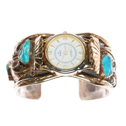 6.25" 1980's WY Navajo gold filled sterling turquoise watch cuff bracelet