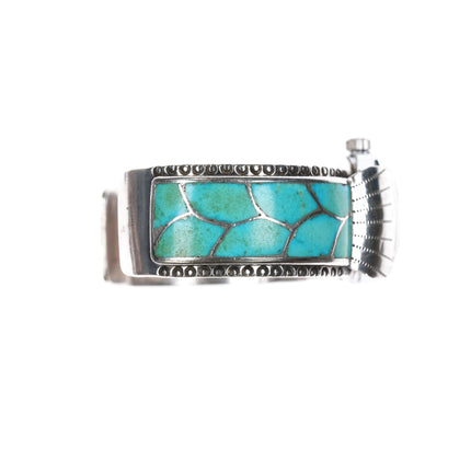 6 3/8 FT 50's-60's Zuni turquoise fishscale inlay watch cuff bracelet