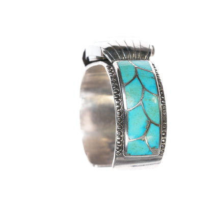 6 3/8 FT 50's-60's Zuni turquoise fishscale inlay watch cuff bracelet