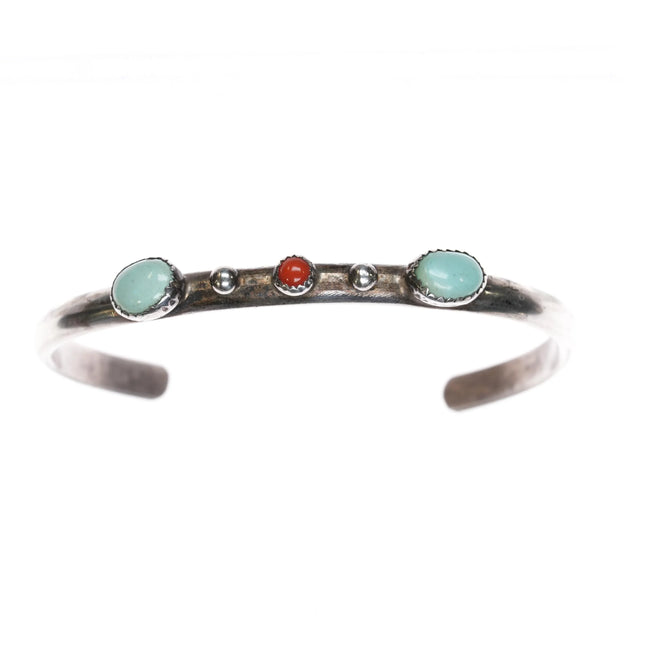 6.5" 60's-70's Navajo sterling turquoise, and coral slim sturdy cuff bracelet - Estate Fresh Austin