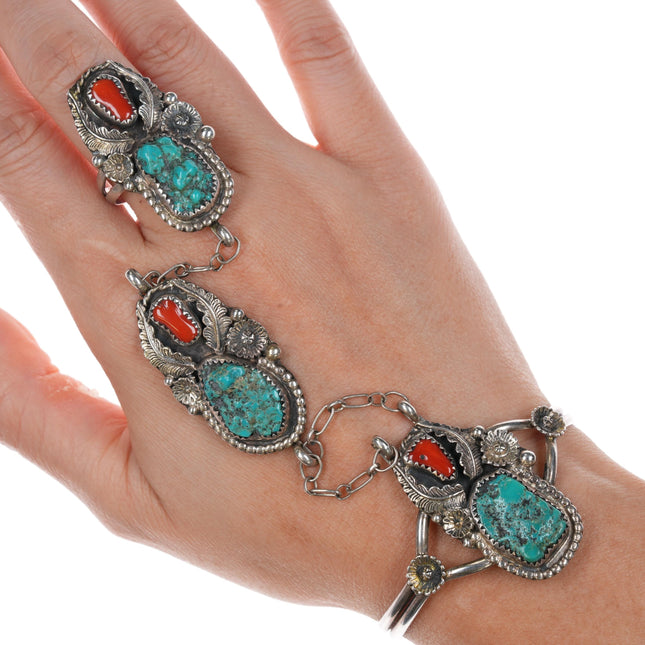 6" AK Navajo Cuff sz9.5 ring sterling turquoise, and coral "Slave Bracelet"