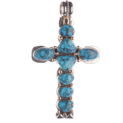 Huge Orville Tsinnie 14k/Sterling Morenci Turquoise/Coral 2 sided cross pendant