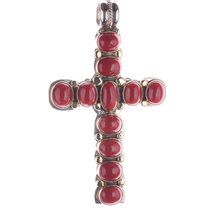 Huge Orville Tsinnie 14k/Sterling Morenci Turquoise/Coral 2 sided cross pendant