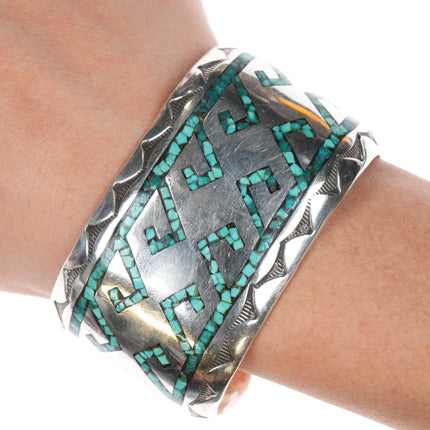 6.75" 1970's Navajo sterling chip inlay wide band cuff bracelet - Estate Fresh Austin
