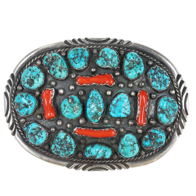 60's-70's Large GY Native American sterling turquoise nugget coral belt buckle