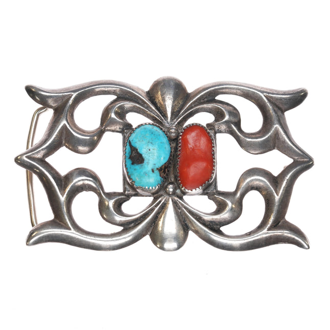 Vintage Navajo cast silver, turquoise, and coral belt buckle