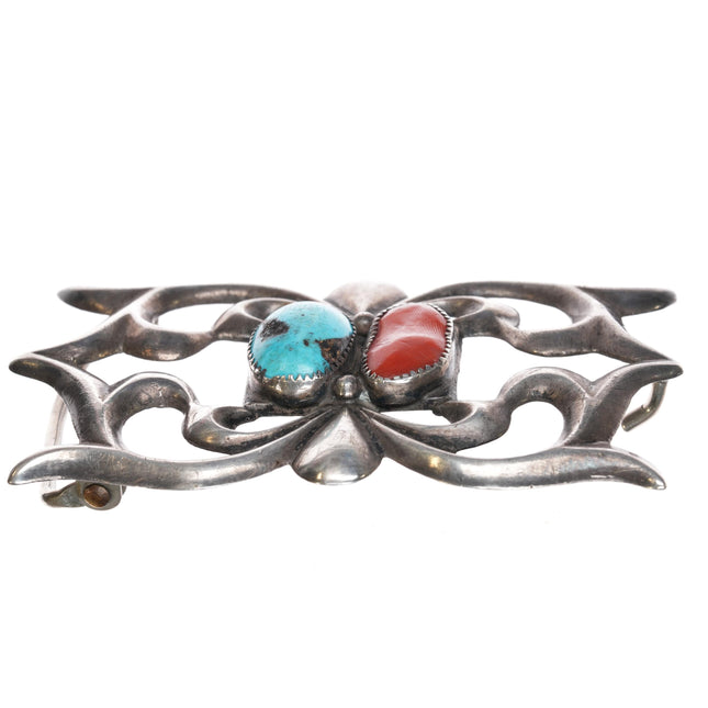 Vintage Navajo cast silver, turquoise, and coral belt buckle