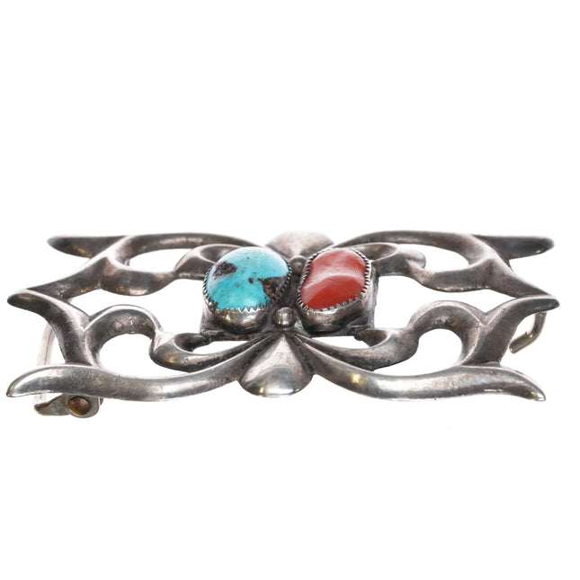 Vintage Navajo cast silver, turquoise, and coral belt buckle - Estate Fresh Austin