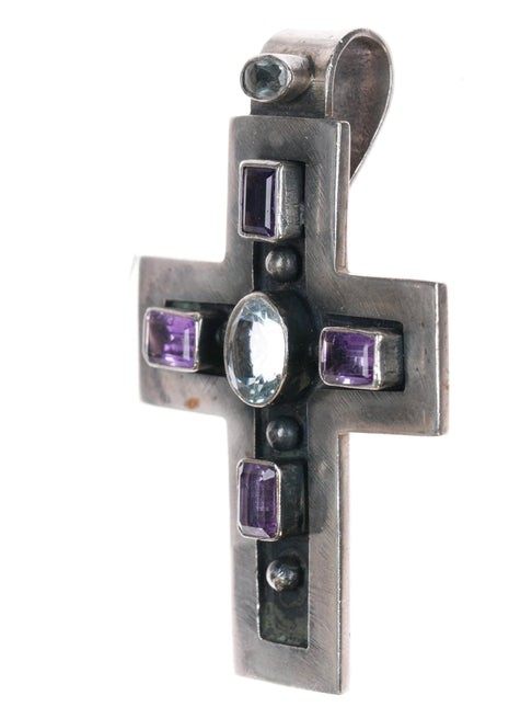 DB Southwestern sterling amethyst aquamarine gemset cross pendant