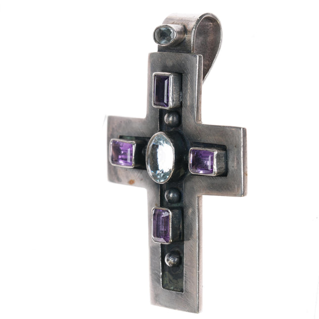 DB Southwestern sterling amethyst aquamarine gemset cross pendant