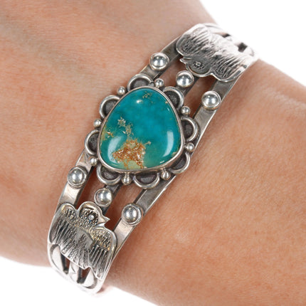 6.25" c1940's Navajo Fred Harvey thunderbird cuff bracelet with gem turquosie - Estate Fresh Austin