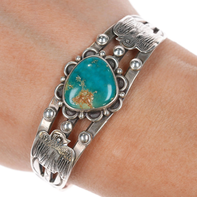 6.25" c1940's Navajo Fred Harvey thunderbird cuff bracelet with gem turquosie - Estate Fresh Austin