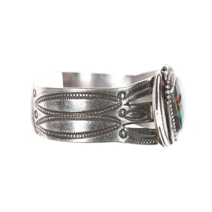 6.25" Large 30's-40's Navajo heavily stamped silver cuff bracelet w/turquoise - Estate Fresh Austin