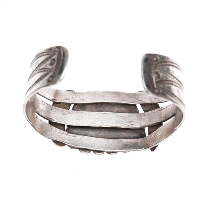 6.25" Large 30's-40's Navajo heavily stamped silver cuff bracelet w/turquoise - Estate Fresh Austin