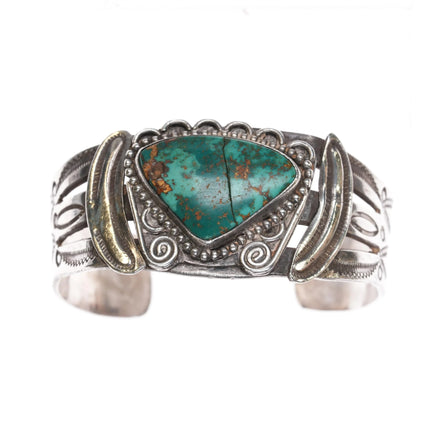 6.25" Large 30's-40's Navajo heavily stamped silver cuff bracelet w/turquoise - Estate Fresh Austin