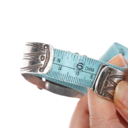 6.25" Large 30's-40's Navajo heavily stamped silver cuff bracelet w/turquoise - Estate Fresh Austin