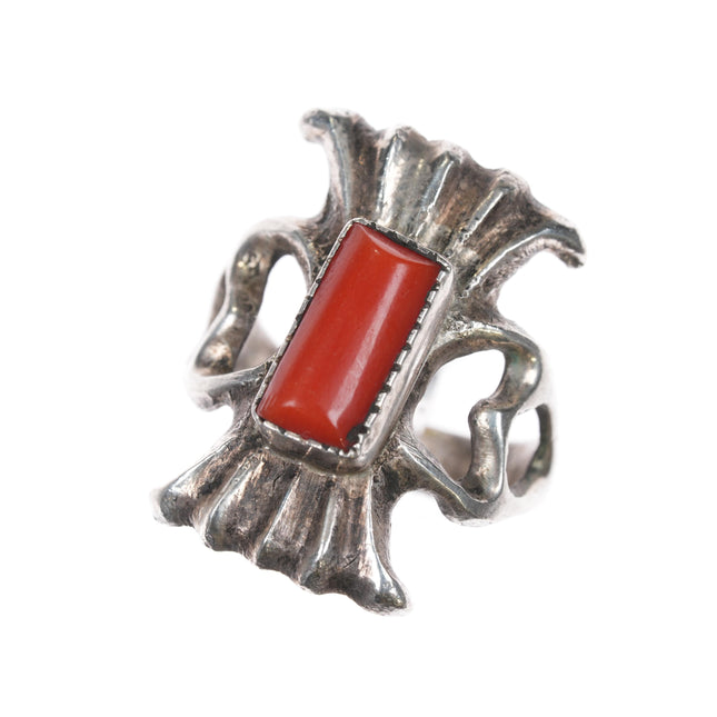 sz7 Vintage Navajo cast silver and coral ring