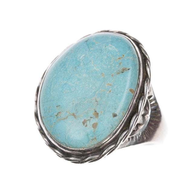 sz10 c1950's Navajo sterling and turquoise rope edge ring