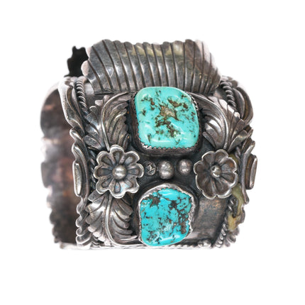 7" Navajo wide sterling watch cuff bracelet w/turquoise