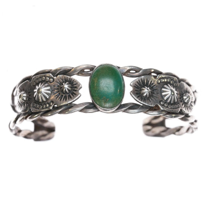 6.625" c1940's Fred Harvey era twisted sterling wire turquoise cuff bracelet - Estate Fresh Austin