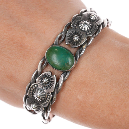 6.625" c1940's Fred Harvey era twisted sterling wire turquoise cuff bracelet - Estate Fresh Austin