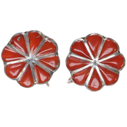 40's-50's Zuni coral channel inlay sterling screw back earrings