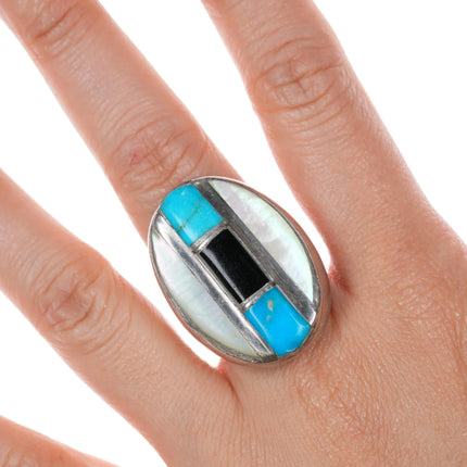 Large sz9.75 Vintage Native American sterling, jet, shell ring - Estate Fresh Austin