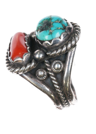 sz10 SC Navajo sterling, turquoise, and coral ring